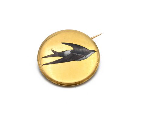 A late 19th century 18ct yellow gold and enamel circular brooch, polychrome enamel depicting a swallow in flight, approximate