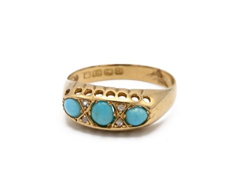 An 18ct yellow gold turquoise three stone ring, the three oval cabochon stones with rose cut diamond spacers, ring size O1/2,
