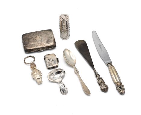 A collection of miscellaneous silver items including an Arts &amp; Crafts style caddy, Georg Jensen knife, cigarette box and 