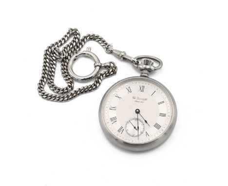 Tissot &amp; Fils brushed steel pocket watch with steel chain. 48mm case.
