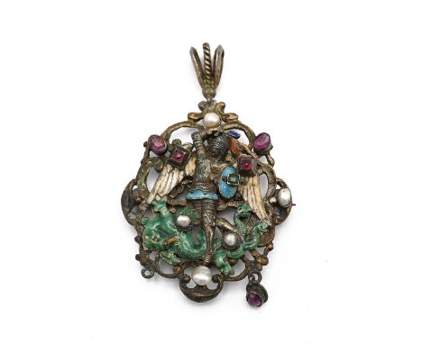 A 19th century Austro-Hungarian style gem set pendant brooch, depicting George and the dragon, with polychrome enamel, set wi