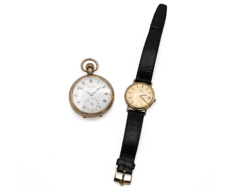 Gents Omega 9ct gold manual wristwatch; 17 jewel 34mm case with black leather strap. Together with a Vertex Revue gold colour