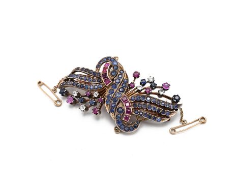 A 9ct yellow gold sapphire, ruby and white sapphire double-clip brooch, the detachable dress clips set with sprays of round c