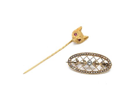 A 9ct gold fox mask pin, set with ruby eyes, 3.28 grams, &nbsp;along with a gold oval cross hatch set with seed pearls, teste