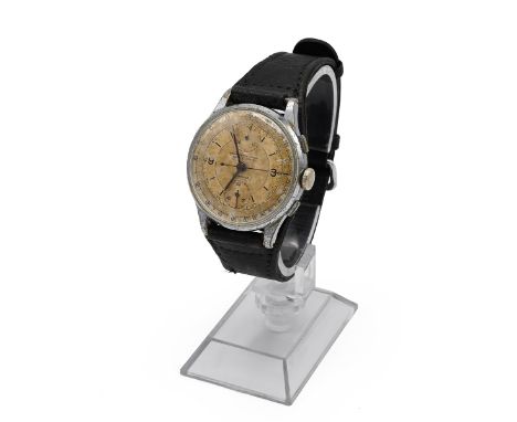 Swiss Military Watch - Leonidas Gents Chronograph 17 jewel c1950. Steel body with black leather strap. 32mm dial with two sub