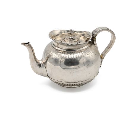 A Victorian silver teapot, of spherical form and with a beaded outline to the rim, semi reeded decoration to the base and rai