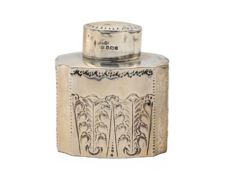 An Edwardian silver embossed tea caddy, with a pull off lid, Birmingham 1909, Atkin Brothers, 82 grams. S