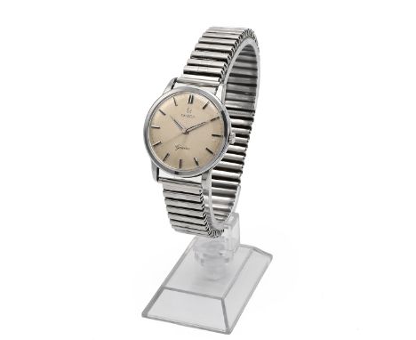 Vintage Omega Geneve stainless steel wristwatch. 29mm silvered dial with baton markers and dauphine hands. Steel Fixo-flex ex
