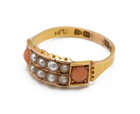 A late Victorian 15ct yellow gold seed pearl and coral ring, maker's mark 'P&amp;S, Chester 1885, ring size O1/2, total gross