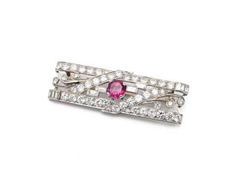 An Art Deco style Platinum, gold, ruby and diamond geometric rectangular brooch, set with round brilliant cut and baguette cu