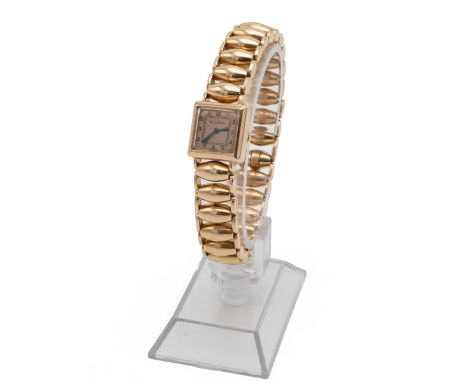 Vintage Jaeger-LeCoultre 18ct gold ladies cocktail bracelet watch with 18ct gold strap. Square case with copper finish dial, 