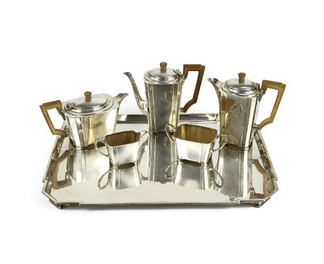 A matching silver styliesd Art Deco six piece tea and cofee service, comprising, teapot, coffee pot, hot water jug, sugar, cr