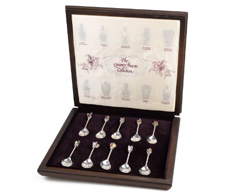 A Queen Elizabeth II limited edition cased set of ten 'The Queen's Beasts Collection' silver and enamel spoons, Toye, Kenning