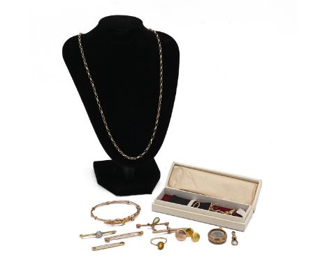 A collection of yellow gold jewellery, including 9ct gold bar brooches, T-bar, dog clip, paste set dress ring, hinged bangle,