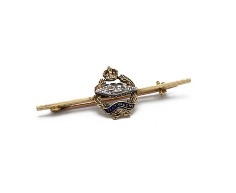 An 18ct yellow gold regimental sweetheart bar brooch, having The Royal Tank Corps crest, inscribed 'Fearnaught', with red and