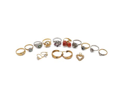 A collection of rings, earrings and pendants, including an 18ct gold and diamond signet ring, ring size R, total gross weight