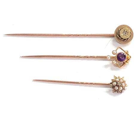 3 x 9ct gold topped vintage amethyst, pearl and gemstone stick pins 