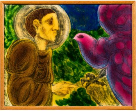 * Peter Campbell [1931-1989]-St Francis,:- enamel, signed and inscribed on a label attached to the backboard, 29 x 36.5cm, to