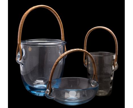 Five pieces of Holmegaard glass: comprising a small smoked ice bucket by Per Lutken, a larger pale blue ice bucket, probably 