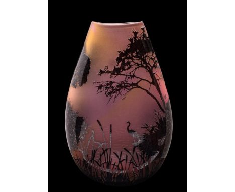 *Ed Burke [Contemporary] a glass vase: of flattened oviform, the amethyst and pale amber banded vase cased in glossy amethyst