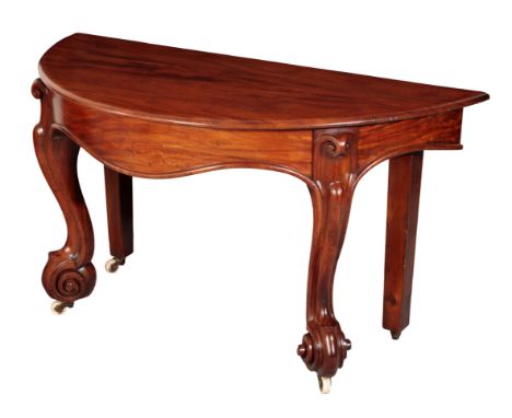A VICTORIAN MAHOGANY DEMI LUNE CONSOLE TABLE Circa 1880, with a formed apron, on pronounced front cabriole legs and scroll fe