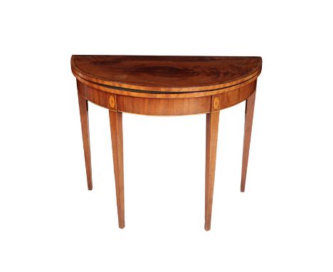 A GEORGE III MAHOGANY CARD TABLE 18th century, the hinged top opening to a baize-lined interior, on tapering square legs, 74c