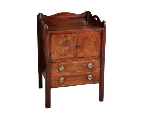 A GEORGE III MAHOGANY TRAY-TOP COMMODE 18th century, with a shaped three-quarter gallery above panelled cupboard doors, with 
