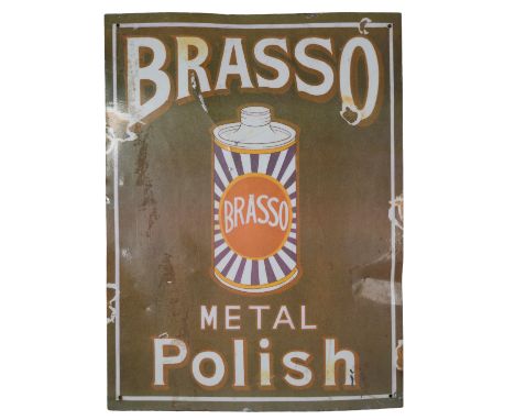 A BRASSO 'METAL POLISH' ENAMEL ADVERTISING SIGN measuring 61cm high by 46cm wide