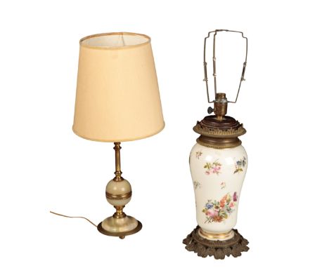 A CONTINENTAL PORCELAIN VASE LAMP with gilt metal mounts, 38cm to the bottom of the fitments, together with another table lam