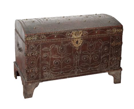 A GEORGE II LEATHER AND STUDWORK COFFER ON STAND mid 18th century, dated '1757' to the top, with the initials 'E B', studded 