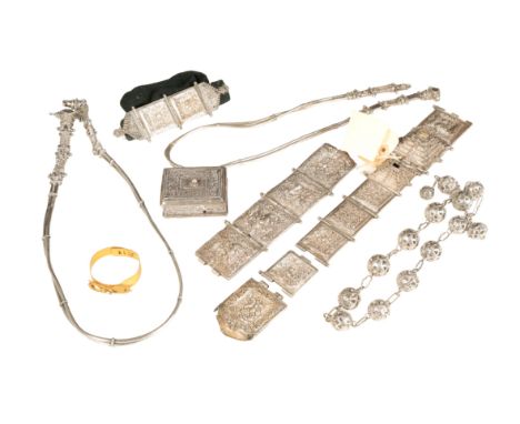 A COLLECTION OF NORTH AFRICAN WHITE METAL BELTS 19th century, probably Moroccan, together with a small white metal filigree b
