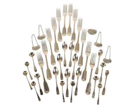 A COLLECTION OF SILVER CUTLERY AND DECANTER LABELS including twelve forks, by William M Traies, London, 1830, inscribed 'CH' 
