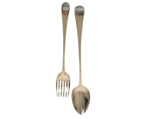 A MATCHED PAIR OF SILVER SALAD SERVERS the fork by John Lambe, London, 1798, together with a spoon probably by William M Trai