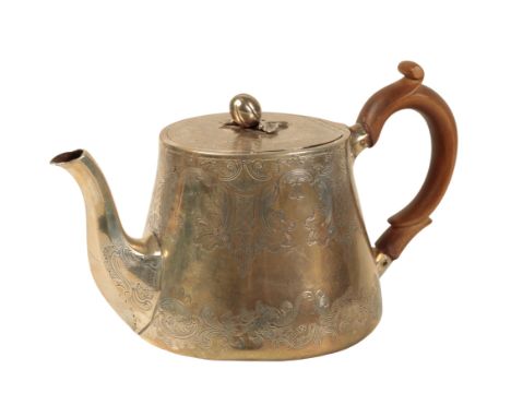 A SILVER TEAPOT probably by Walter Morrisse, London, 1846, of squat tapering form, a formed fruit finial, the body decorated 