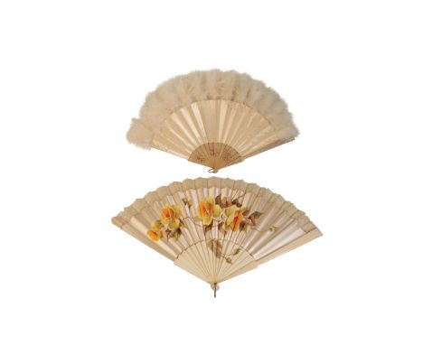 A FRENCH FAN, 19th century the silk pleated panel painted with flowers within a lace border, 43cm; and another silk fan, the 