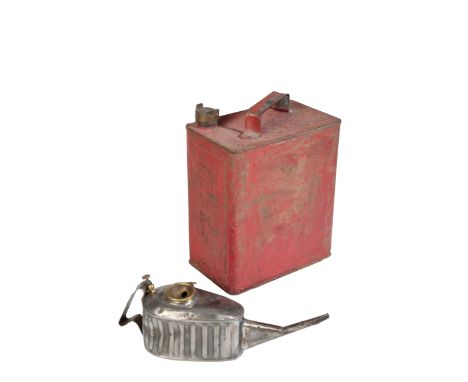 A VINTAGE OIL CAN WITH SPOUT 36cm long, and a Pratts oil can, 33cm high; a 'Girder Major' No 93 wrench by Joseph Lucas Ltd wi