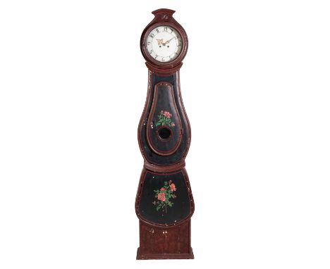 FRENCH COMPTOISE LONGCASE CLOCK, the black "Japanned" case painted with polychrome flowers with a lenticle to the door, the c