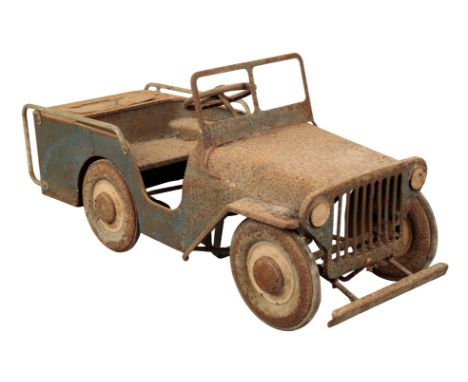 A VINTAGE CHILD'S PEDAL CAR early 20th century, modeled after a long wheel-base Jeep, with a matching petrol can, rusted thro