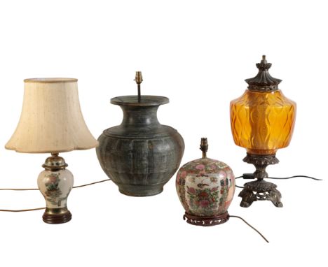 A LARGE STUDIO CERAMIC VASE LAMP 20th century, of baluster form, with gadrooned body, 42cm high, together with a Victorian br