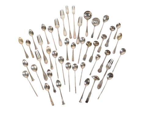 A COLLECTION OF SILVER AND SILVER PLATE including a niello work teaspoon with turned handle and pointed finial, together with
