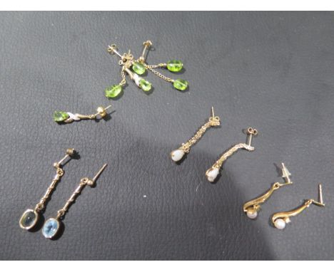 Five pairs of 9ct gold drop earrings including opal, pearl - total weight approx 11.2 grams 