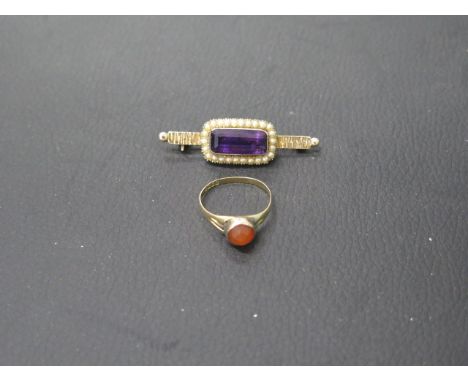 An 18ct yellow gold ring with carnelian size Q/R - weight approx 2.6 grams together with a Victorian 9ct yellow gold brooch w