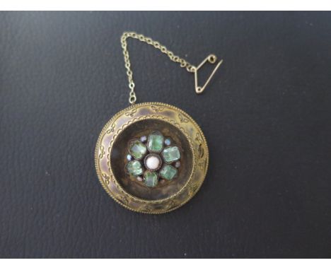 A Victorian 15ct yellow gold (unmarked but tested) Etruscan round brooch with paste and opal - approx 4cm diameter - weight a