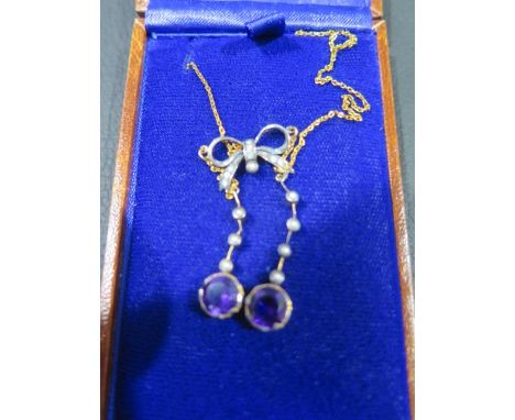 A vintage style bow top necklace set with amethysts, diamonds and seed pearls - boxed - clasp 240mm - total weight approx 3.7