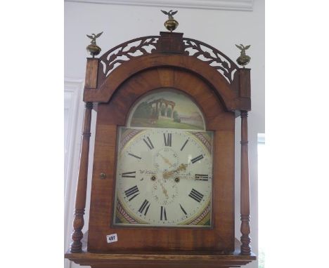 A 19th century 8 day longcase clock with a painted arched dial signed Kirton, Newcastle in an oak and mahogany case with weig