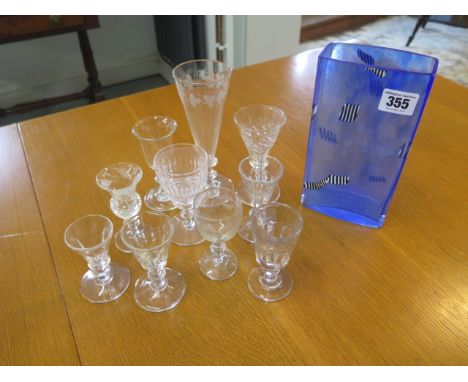 A Kosta Boda blue glass rectangular vase - approx 19cm - with ten assorted glasses 