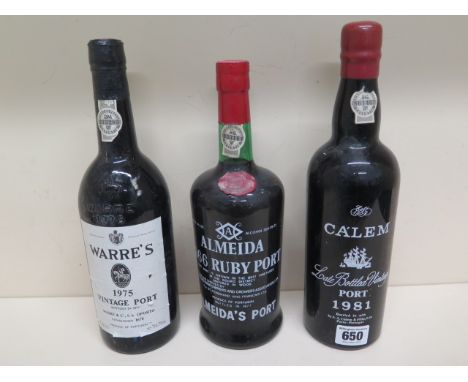 Three bottles of Port to include Warre's Vintage Port 1975, one bottle of Calem 1981 and a bottle of Almmeida Ruby 1966 