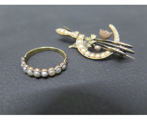 A 9ct yellow gold brooch of a sickle with pearls approx 4cm - together with a 9ct yellow gold and pearl ring size K - total w