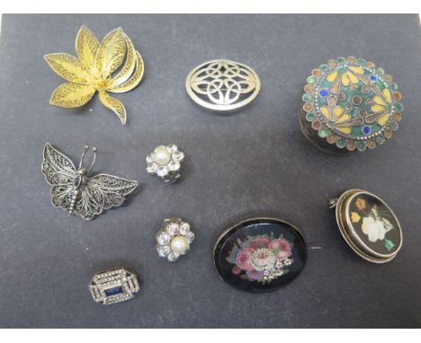Six silver brooch's including micro-mosaic and Pietra dura together with a pair of silver clip earrings and a silver and enam