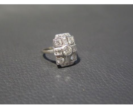 An 18ct white gold Art Deco style ring - approx 2ct of diamonds - ring size O - head 18mm x 13mm - diamonds bright and lively